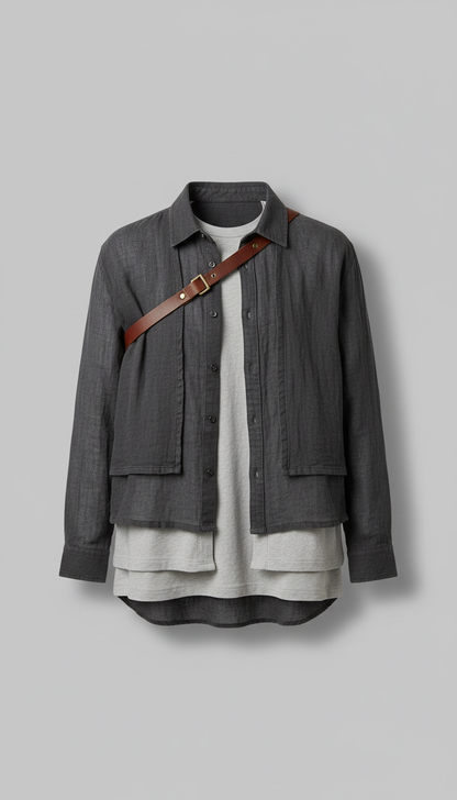 Layered cotton blend shirt with leather accent, Default: 3/4 angle from eye-level for clothing on mannequin or flat-lay on...