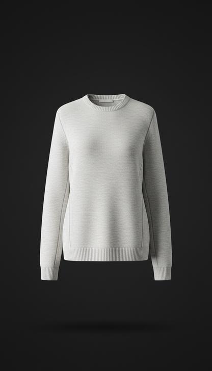 Minimalist knit sweater, Product shots use a 3/4 angle as default—showing both structure and details (collar shape, panel...