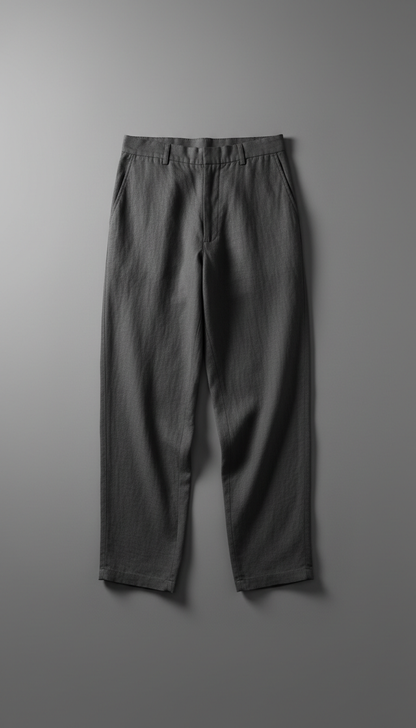 Graphite shadow loose-fit linen pants, Default: 3/4 angle on body form or model, garments arranged to highlight layering...