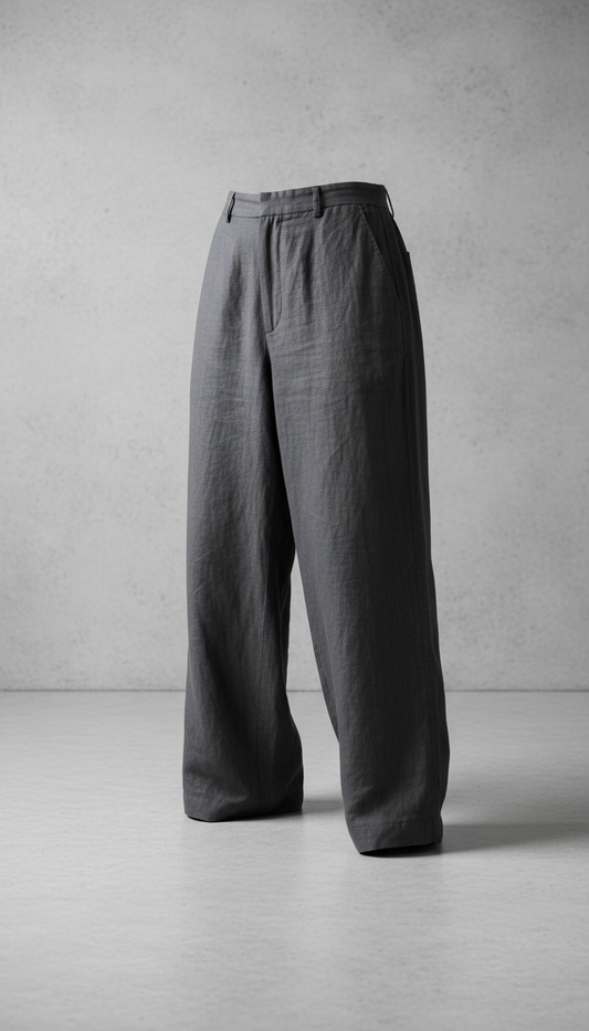 A perfectly centered shot of relaxed linen trousers in Graphite Gray, displayed against a clean concrete background. The...