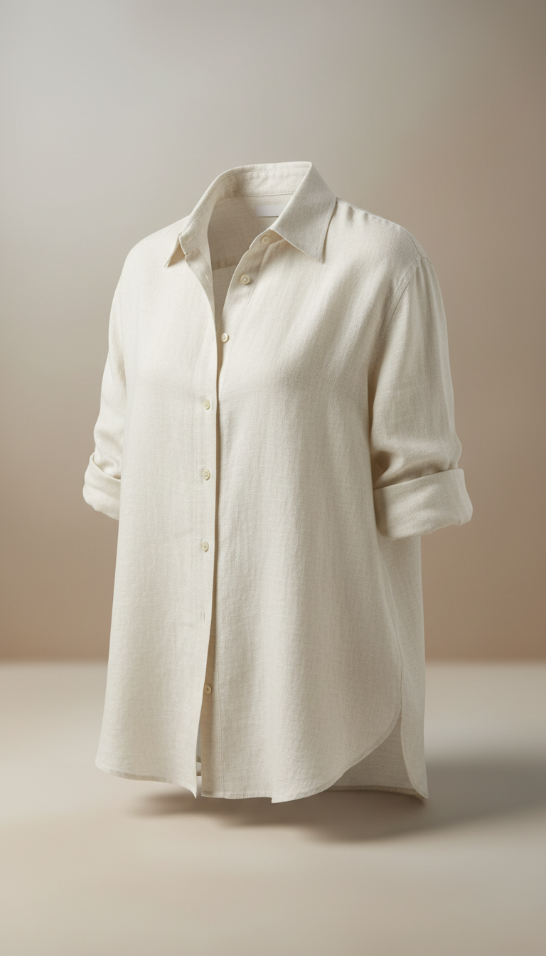 A premium linen shirt in Linen White, highlighting the fabric's texture and natural drape. The lighting is soft and even,...