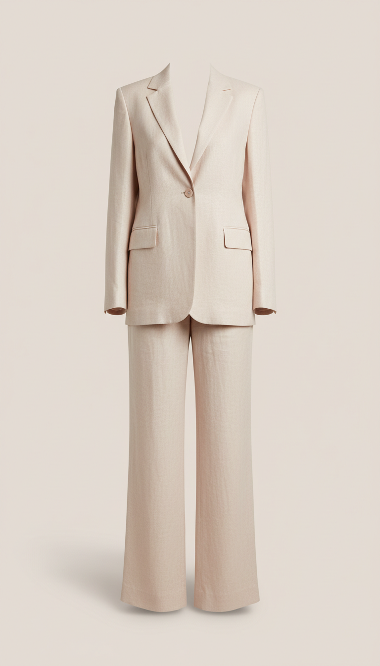 Tailored linen co-ord set in blush cream, Default product shots use a clean 3/4 angle at chest or table height with...